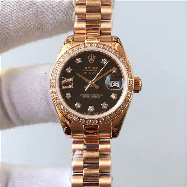 1比1 ROLEX女式机械表，劳力士女装日志型系列279175，黑色小表盘，2671瑞士机械，全18K玫瑰金表带，鑽石外圈，小巧玲珑手表！精致！-勞力士Rolex