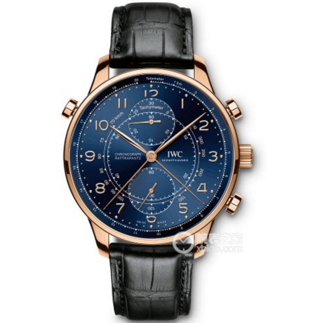 一比一,IWC最新款 萬國葡萄牙系列 IW371215腕表,藍色18k玫瑰金表盤，原裝追秒計時自動機械手錶，​蓝宝石真黑皮表带，原装扣-万国 IWC