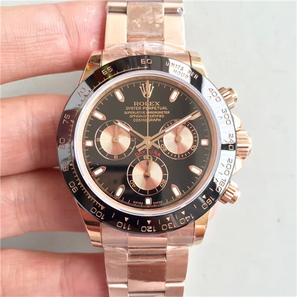 頂級壹比壹 勞力士迪通拿鋼帶手表，rolex Daytona-116515LN黑盤腕表,黑色陶瓷圈,18K玫瑰金，超A 瑞士4130機械機心,N廠V6S版復刻-勞力士Rolex