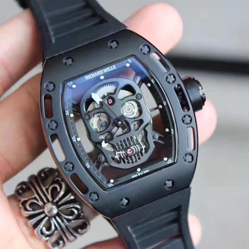 Richard Mille 鬼頭，高仿1比1裏查德米爾手表，男士鏤空系列RM052，進口自動機械機心，骷髏頭表盤，黑鋼，原裝防水膠帶，男士酒桶形運動個性手表!-RM理查德·米勒