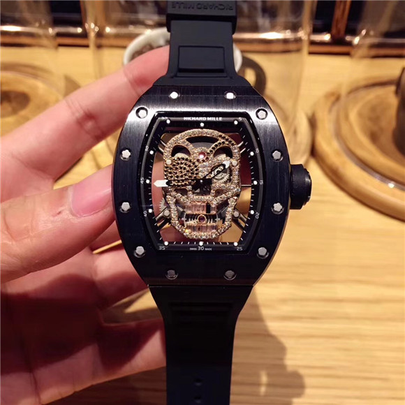 1：1 RICHARD MILLE 理查德．米勒RM52-01鏤空骷髏頭腕錶,經典的酒桶造型殼身使用新材料氧化鋯殼打造，沿用納米防變色防磨損敖超前技術-RM理查德·米勒