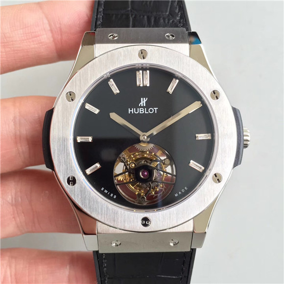 精仿一比一宇舶陀飛輪機械男錶，超A復刻恆寶（HUBLOT)宇舶經典融合系列505陀飛輪腕錶，拉絲精鋼錶殼，黑色錶盤鑽刻度,MHUB6011真陀飛輪手動機芯-恒宝宇舶表Hublot