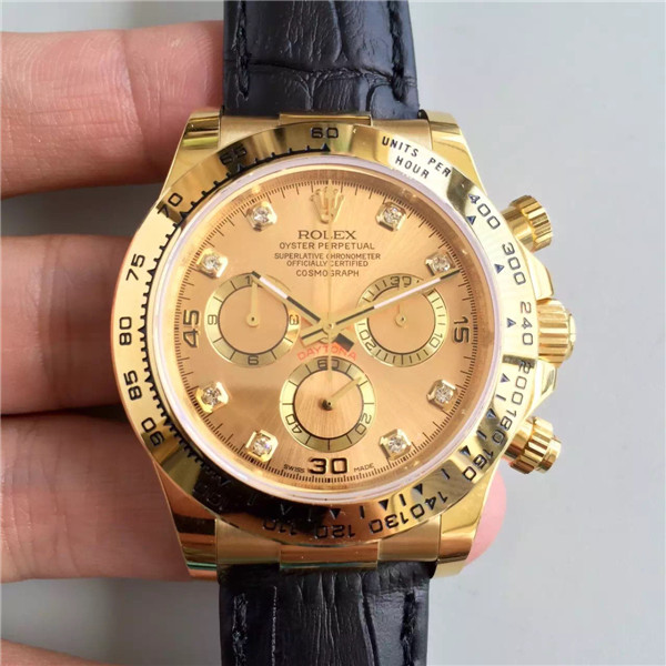 高仿迪通拿金色表盘，黑色皮带，勞力士迪通拿宇宙計型手表，Rolex Daytona 116518香槟色钻石表盘，4130計時機械機心,N厂-勞力士Rolex